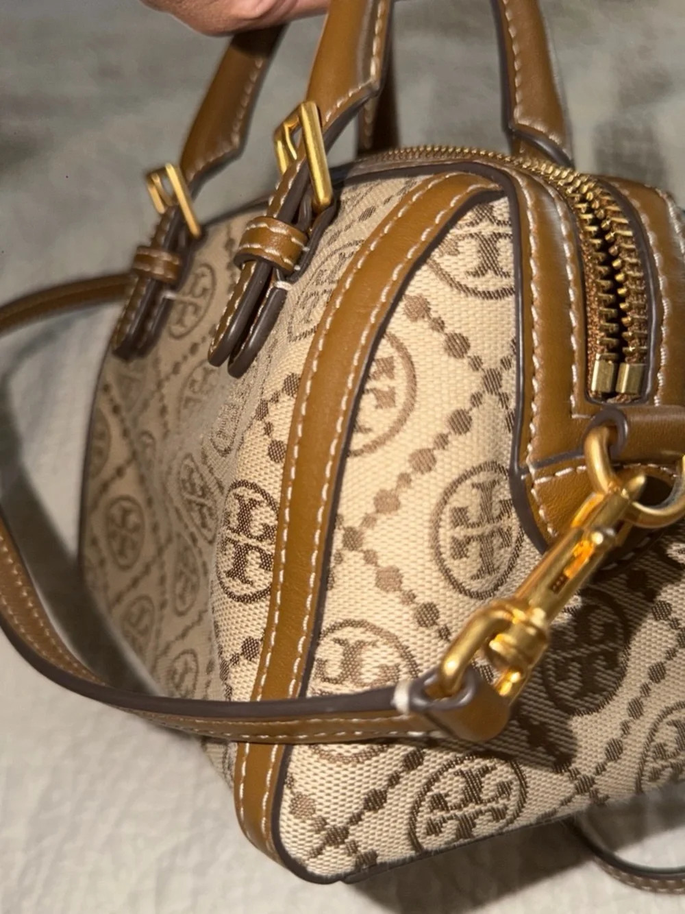 Tory Burch Beige and Brown Logo Canvas Mini Satchel